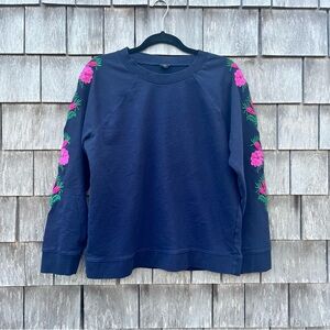 J. Crew Blue and Pink Crewneck Sweatshirt with Floral Embroidery Sleeve‎ Accents